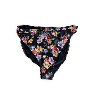 MinkPink Black Floral High Leg Bikini Bottoms Gold Horsebit Detail NWT Size S